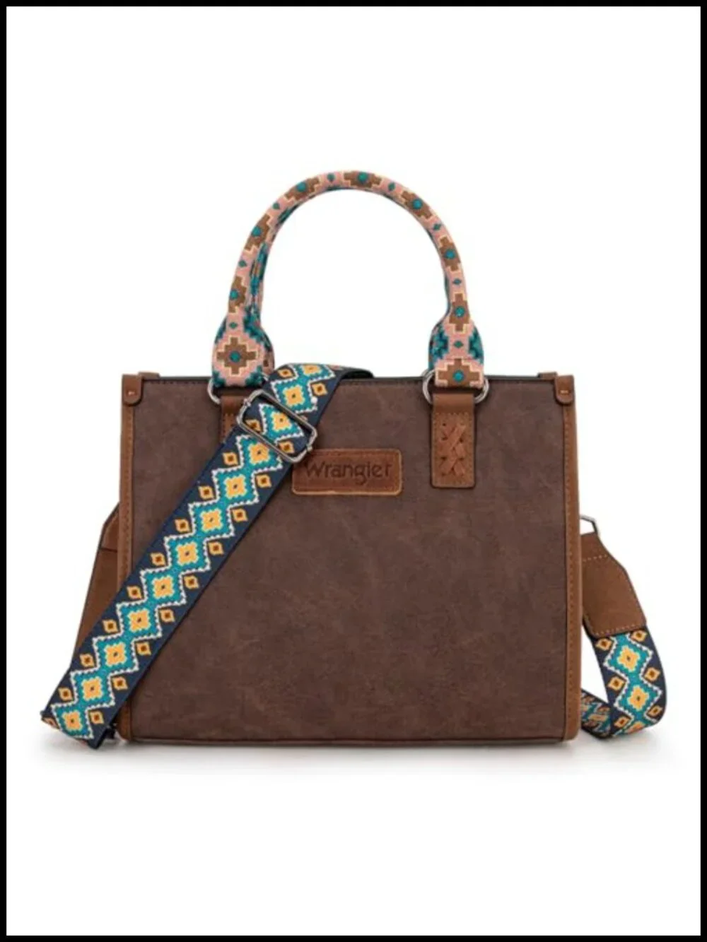 Faux Leather Western Aztec Print Tote Purse with Whipstitch Details